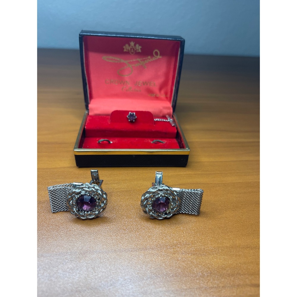 Vintage Imperial Crown Jewel Collection Purple Rhinestone Mesh Cufflink Set